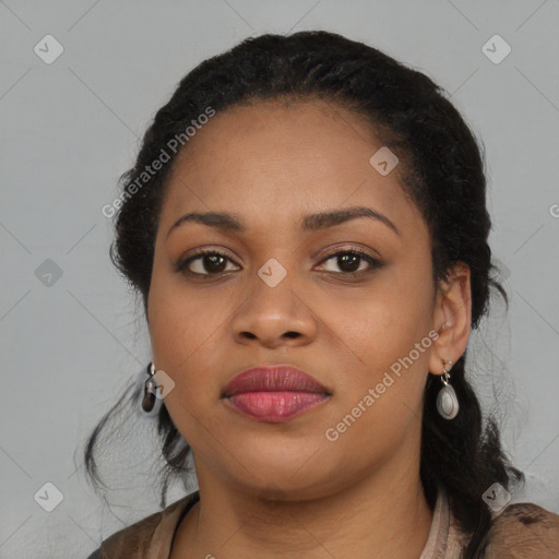 Joyful black young-adult female with medium  black hair and brown eyes