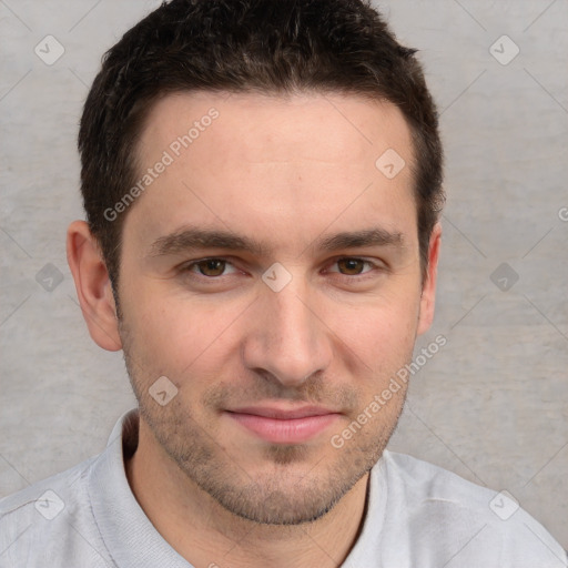 Joyful white young-adult male with short  brown hair and brown eyes