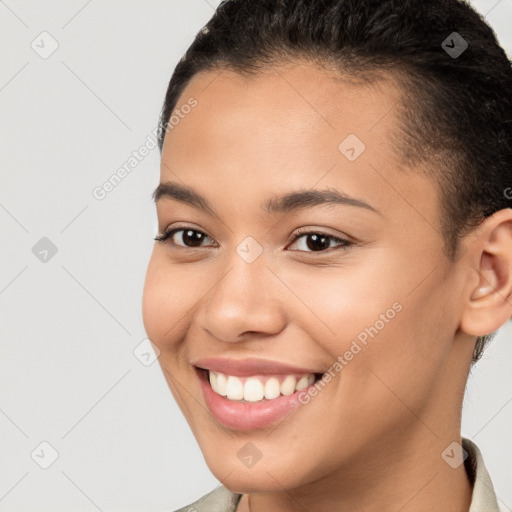 Joyful white young-adult female with short  brown hair and brown eyes