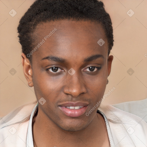 Joyful black young-adult female with short  brown hair and brown eyes