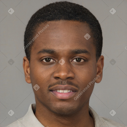 Joyful black young-adult male with short  brown hair and brown eyes