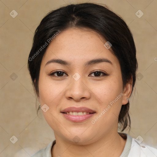 Joyful white young-adult female with medium  brown hair and brown eyes