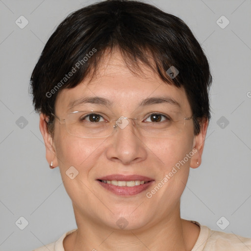 Joyful white adult female with short  brown hair and brown eyes