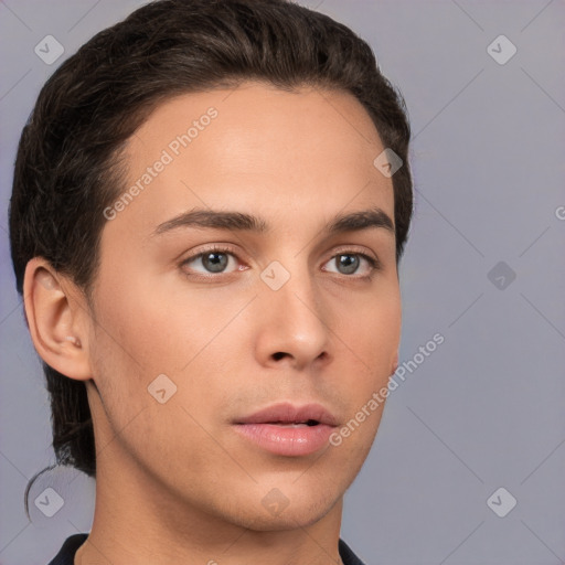 Neutral white young-adult male with short  brown hair and brown eyes