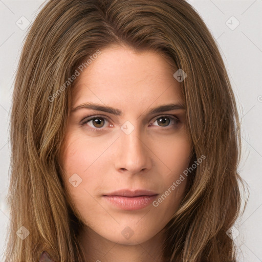 Neutral white young-adult female with long  brown hair and brown eyes