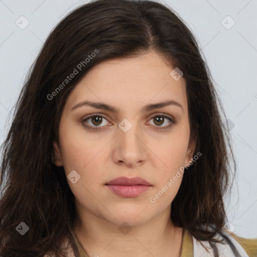 Neutral white young-adult female with long  brown hair and brown eyes