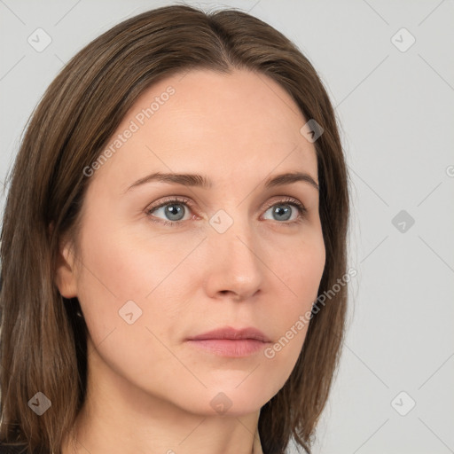 Neutral white young-adult female with long  brown hair and grey eyes