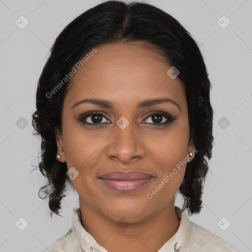 Joyful black young-adult female with medium  brown hair and brown eyes