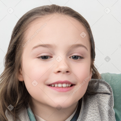 Joyful white child female with medium  brown hair and blue eyes