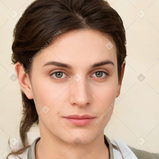 Neutral white young-adult female with short  brown hair and brown eyes