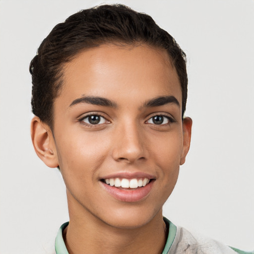 Joyful white young-adult female with short  brown hair and brown eyes