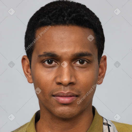 Neutral black young-adult male with short  black hair and brown eyes