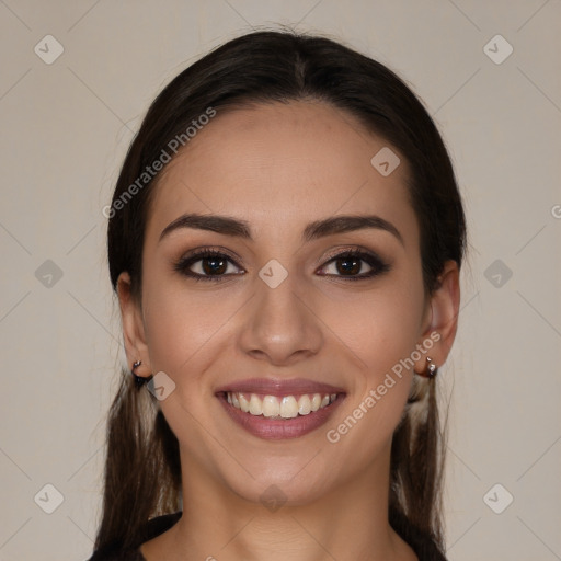 Joyful white young-adult female with long  brown hair and brown eyes