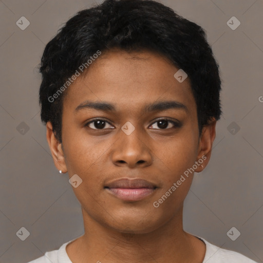 Joyful black young-adult female with short  black hair and brown eyes