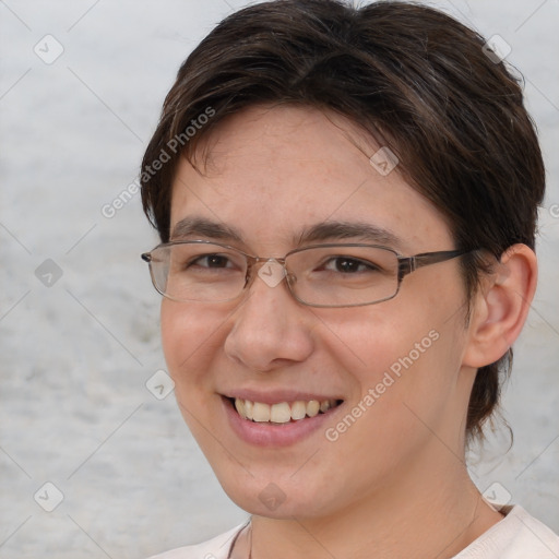 Joyful white adult female with medium  brown hair and brown eyes