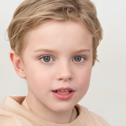 Neutral white child female with short  brown hair and grey eyes