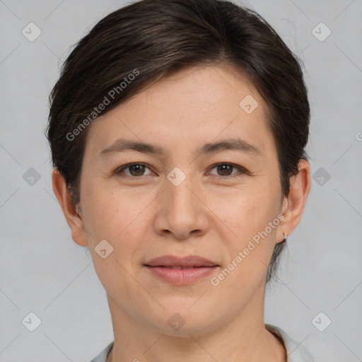 Joyful white young-adult female with medium  brown hair and brown eyes