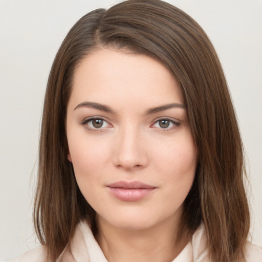 Neutral white young-adult female with medium  brown hair and brown eyes