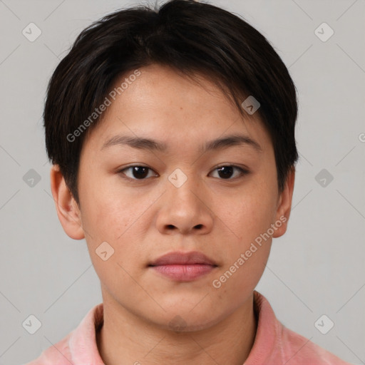 Neutral asian young-adult female with short  brown hair and brown eyes