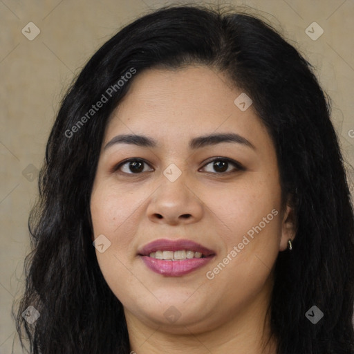 Joyful asian young-adult female with long  brown hair and brown eyes