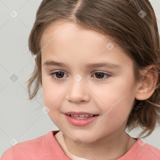 Joyful white child female with medium  brown hair and brown eyes