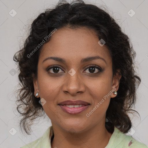 Joyful black young-adult female with medium  brown hair and brown eyes