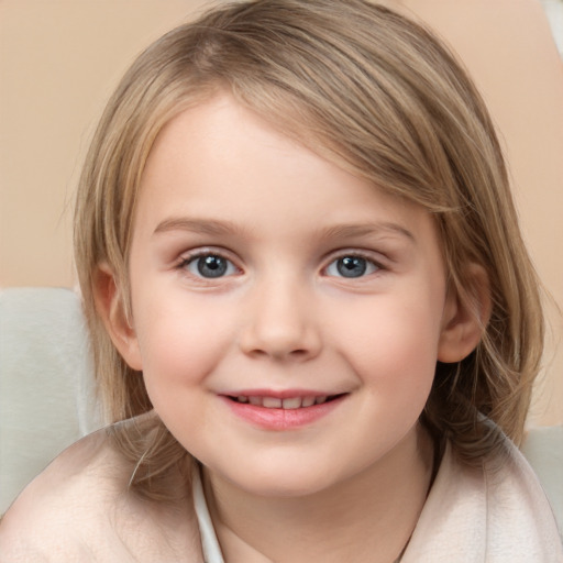 Joyful white child female with medium  brown hair and grey eyes