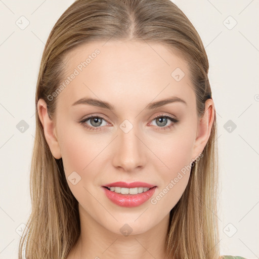 Joyful white young-adult female with long  brown hair and blue eyes