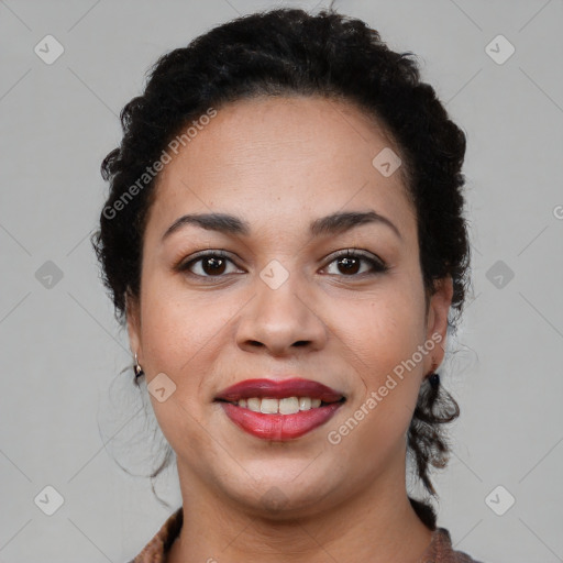 Joyful latino young-adult female with short  brown hair and brown eyes