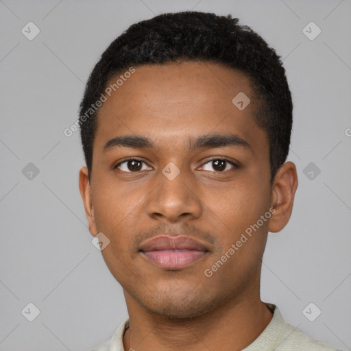 Neutral black young-adult male with short  black hair and brown eyes