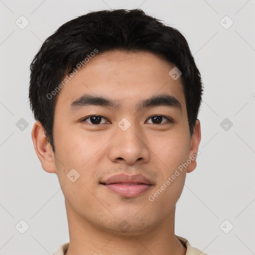 Neutral asian young-adult male with short  brown hair and brown eyes