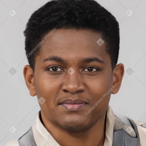 Joyful black young-adult male with short  brown hair and brown eyes