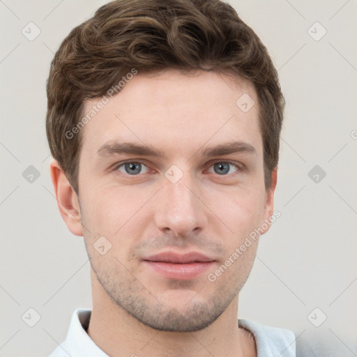 Neutral white young-adult male with short  brown hair and grey eyes