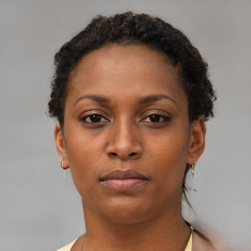 Neutral black young-adult female with short  brown hair and brown eyes
