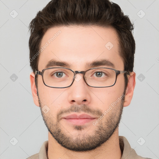 Neutral white young-adult male with short  brown hair and brown eyes