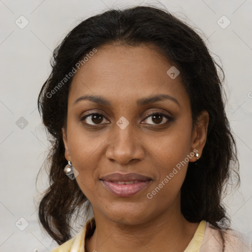 Joyful black young-adult female with medium  brown hair and brown eyes