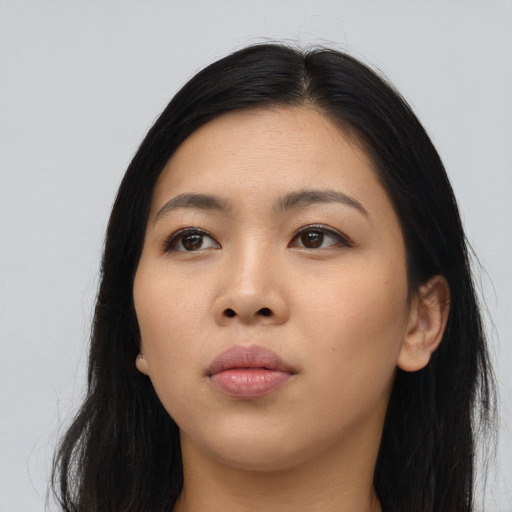 Neutral asian young-adult female with long  black hair and brown eyes