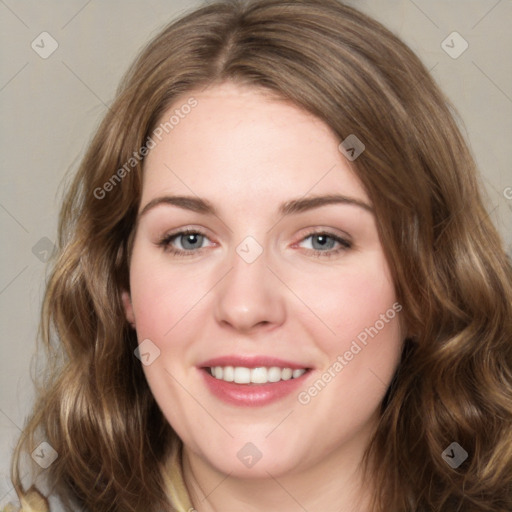 Joyful white young-adult female with medium  brown hair and green eyes