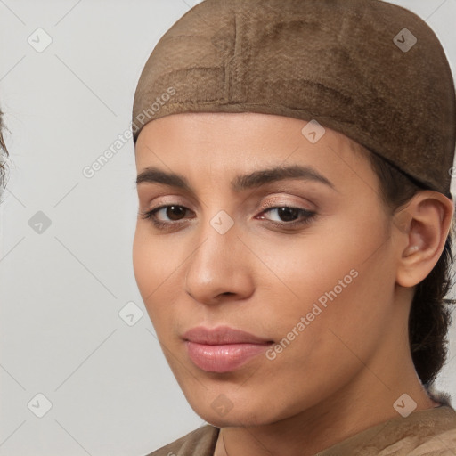 Neutral white young-adult female with medium  brown hair and brown eyes