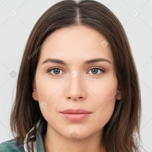 Neutral white young-adult female with long  brown hair and brown eyes