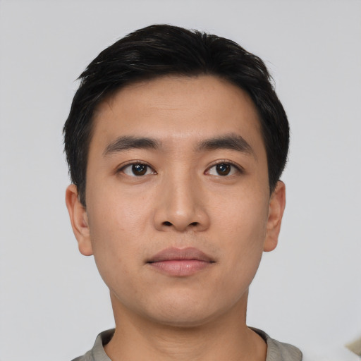 Neutral asian young-adult male with short  black hair and brown eyes
