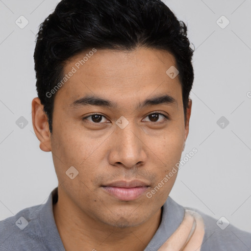 Neutral asian young-adult male with short  brown hair and brown eyes