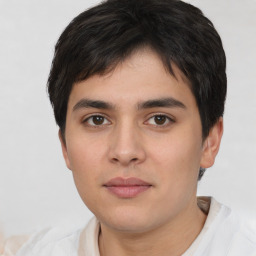 Neutral white young-adult male with short  black hair and brown eyes