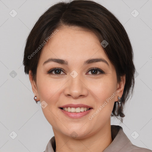 Joyful white adult female with medium  brown hair and brown eyes