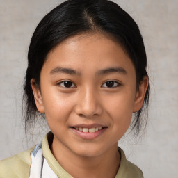 Joyful white young-adult female with medium  black hair and brown eyes