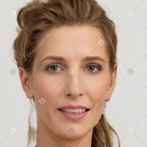 Joyful white young-adult female with long  brown hair and blue eyes