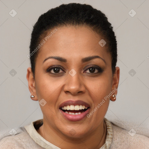 Joyful latino young-adult female with short  brown hair and brown eyes