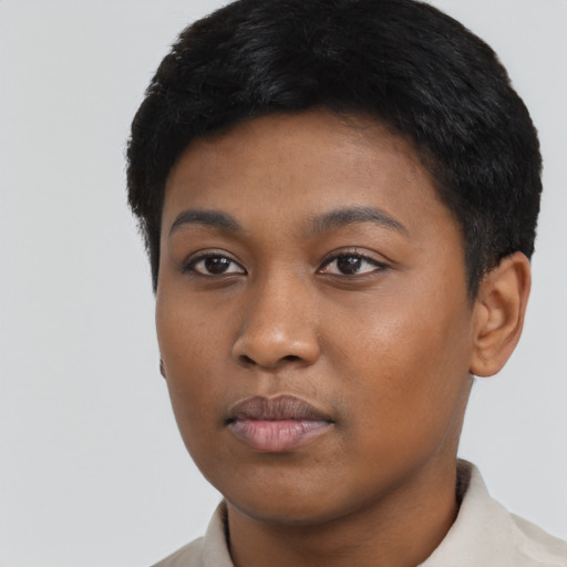 Neutral asian young-adult female with short  black hair and brown eyes