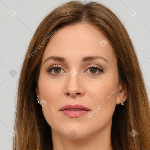 Joyful white young-adult female with long  brown hair and green eyes