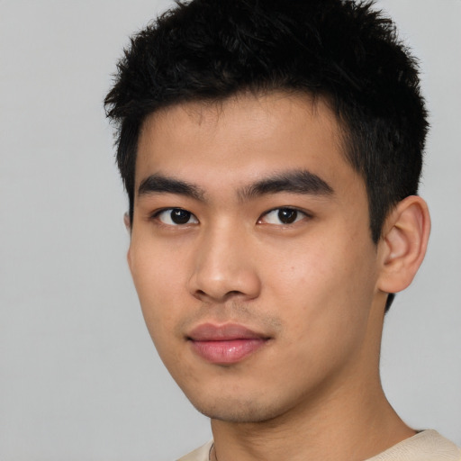 Neutral asian young-adult male with short  black hair and brown eyes